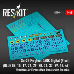 Reskit Rsb48-0011 1/48 Su-25 Frogfoot Dark Digital Pixel Blue 09 15 17 21 29 30 31 37 39 46 49 Ukrainian Air Forces Main Decals With Stencils