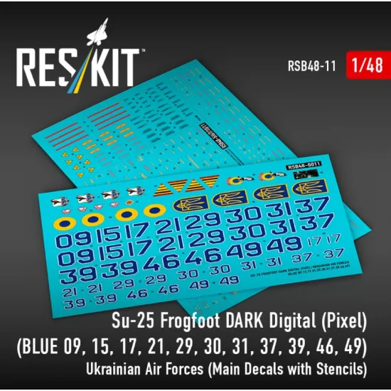Reskit Rsb48-0011 1/48 Su-25 Frogfoot Dark Digital Pixel Blue 09 15 17 21 29 30 31 37 39 46 49 Ukrainian Air Forces Main Decals With Stencils