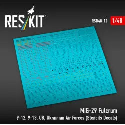 Reskit Rsb48-0012 1/48 Mig-29 Fulcrum 9-12 9-13 Ub Ukrainian Air Forces Stencils Decals