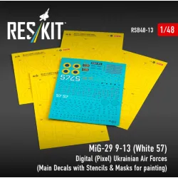 Reskit Rsb48-0013 1/48 Mig-29 9-13 White 57 Digital Pixel Ukrainian Air Forces Main Decals With Stencils Masks For Painting 4 Pcs