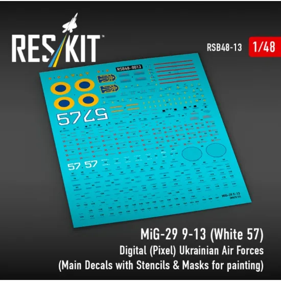 Reskit Rsb48-0013 1/48 Mig-29 9-13 White 57 Digital Pixel Ukrainian Air Forces Main Decals With Stencils Masks For Painting 4 Pcs