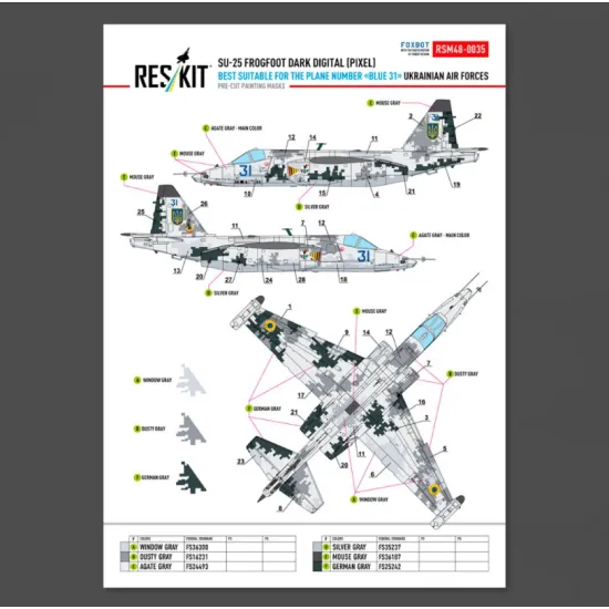 Reskit Rsm48-0035 1/48 Su-25 Frogfoot Dark Digital Pixel Best Suitable For The Plane Number Blue 31 Ukrainian Air Forces Pre-cut Painting Masks