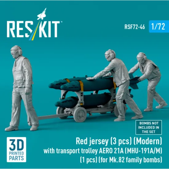 Reskit Rsf72-0046 1/72 Red Jersey 3 Pcs Modern With Transport Trolley Aero 21a Mhu-191a/M 1 Pcs For Mk82 Family Bombs 3d Printed