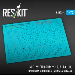 Reskit Rsb72-0004 1/72 Mig-29 Fulcrum 9-12 9-13 Ub Ukrainian Air Forces Stencils Decals