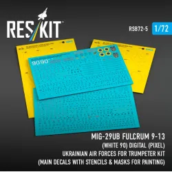 Reskit Rsb72-0005 1/72 Mig-29ub Fulcrum 9-13 White 90 Digital Pixel Ukrainian Air Forces For Trumpeter Kit Main Decals With Stencils Masks For Painting