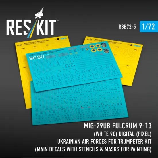 Reskit Rsb72-0005 1/72 Mig-29ub Fulcrum 9-13 White 90 Digital Pixel Ukrainian Air Forces For Trumpeter Kit Main Decals With Stencils Masks For Painting
