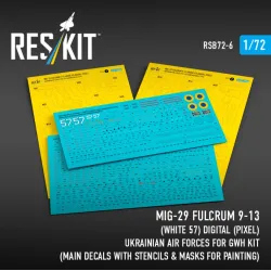 Reskit Rsb72-0006 1/72 Mig-29 Fulcrum 9-13 White 57 Digital Pixel Ukrainian Air Forces For Gwh Kit Main Decals With Stencils Masks For Painting