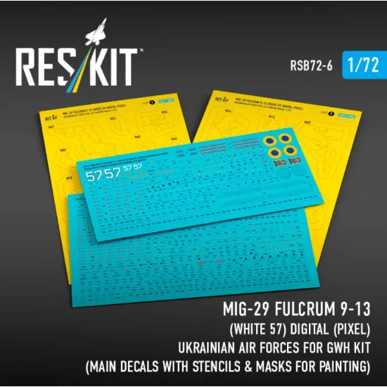 Reskit Rsb72-0006 1/72 Mig-29 Fulcrum 9-13 White 57 Digital Pixel Ukrainian Air Forces For Gwh Kit Main Decals With Stencils Masks For Painting