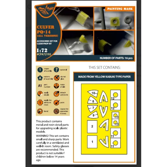 Clear Prop Cpa72192 1/72 Culver Pq-14 All Versions Painting Mask On Yellow Kabuki Paper For Cp Kits