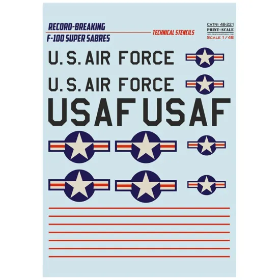 Print Scale 48-221 1/48 Decal For F-100 Super Sabre Technical Stencils 2 Leaf