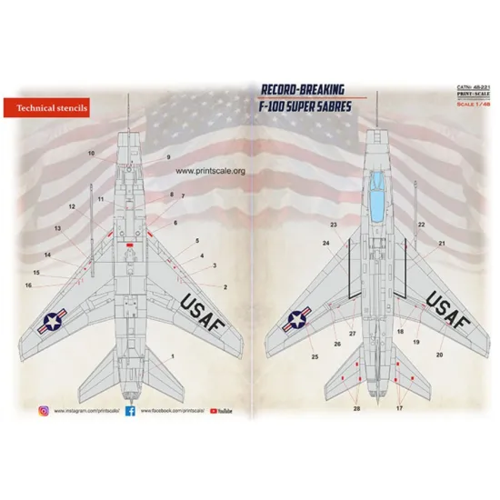 Print Scale 48-221 1/48 Decal For F-100 Super Sabre Technical Stencils 2 Leaf
