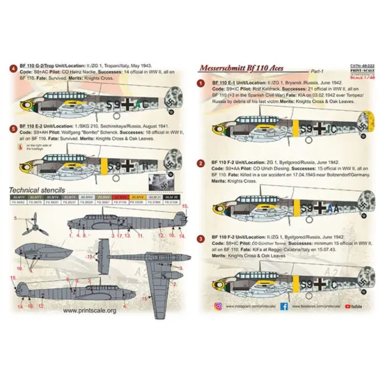Print Scale 48-222 1/48 Decal For Messerschmitt Bf-110 Zerstorer Part 1