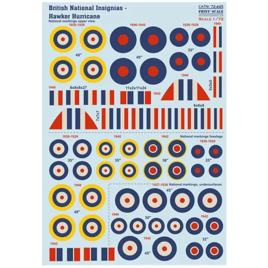 Print Scale 72-445 1/72 Decal For British National Insignia. Hawker Hurricane The Complete Set 1 5 Leaf