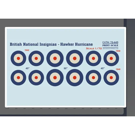 Print Scale 72-445 1/72 Decal For British National Insignia. Hawker Hurricane The Complete Set 1 5 Leaf