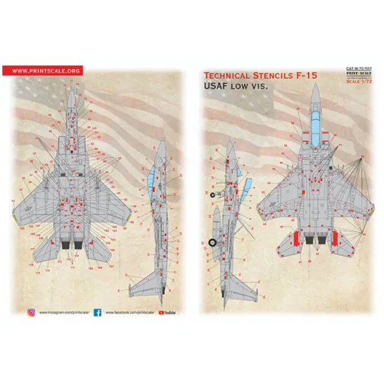Print Scale 72-523 1/72 Decal For F-15 Technical Stecils Low Vis