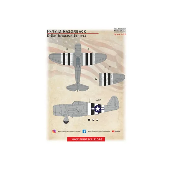 Print Scale 72-542 1/72 Decal For P-47d Razorback D-day Invasion Stripes