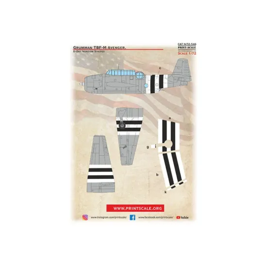 Print Scale 72-546 1/72 Decal For Grumman Tbf/M Aveger D-day Invasion Stripes