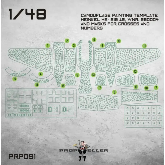 77propeller Prp091 1/48 Camouflage Painting Template Heinkel He-219 A2 Wnr 290004 And Masks For Crosses And Numbers