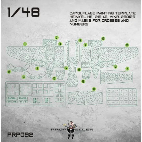 77propeller Prp092 1/48 Camouflage Painting Template Heinkel He-219 A2 Wnr 290126 And Masks For Crosses And Numbers