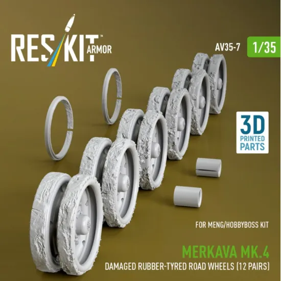 Reskit Rs-av35-0007 1/35 Merkava Mk4 Damaged Rubber-tyred Road Wheels 12 Pairs For Meng/Hobbyboss Kit 3d Printed