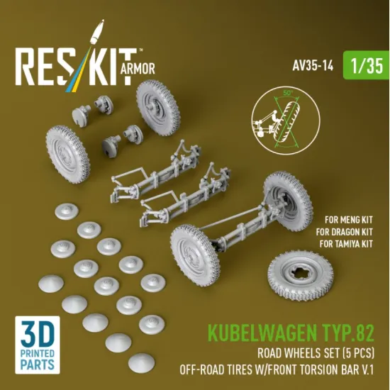 Reskit Rs-av35-0014 1/35 Kubelwagen Typ82 Road Wheels Set 5 Pcs Off-road Tires W/Front Torsion Bar V1 For Meng/Dragon/Tamiya Kit 3d Printed