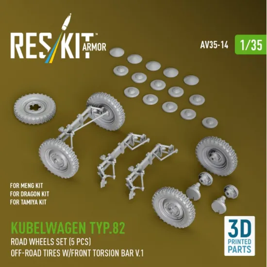Reskit Rs-av35-0014 1/35 Kubelwagen Typ82 Road Wheels Set 5 Pcs Off-road Tires W/Front Torsion Bar V1 For Meng/Dragon/Tamiya Kit 3d Printed