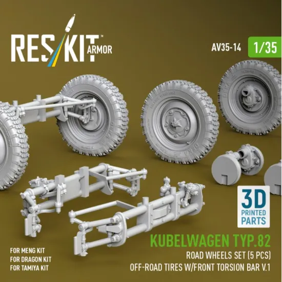 Reskit Rs-av35-0014 1/35 Kubelwagen Typ82 Road Wheels Set 5 Pcs Off-road Tires W/Front Torsion Bar V1 For Meng/Dragon/Tamiya Kit 3d Printed
