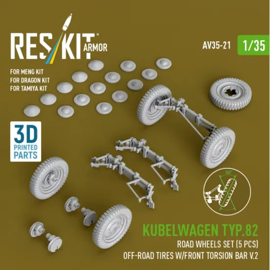 Reskit Rs-av35-0021 1/35 Kubelwagen Typ82 Road Wheels Set 5 Pcs Off-road Tires W/Front Torsion Bar V2 For Meng/Dragon/Tamiya Kit 3d Printed