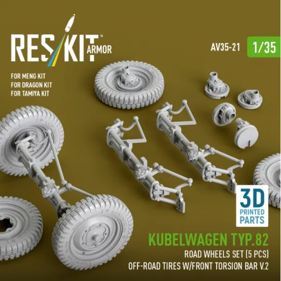 Reskit Rs-av35-0021 1/35 Kubelwagen Typ82 Road Wheels Set 5 Pcs Off-road Tires W/Front Torsion Bar V2 For Meng/Dragon/Tamiya Kit 3d Printed