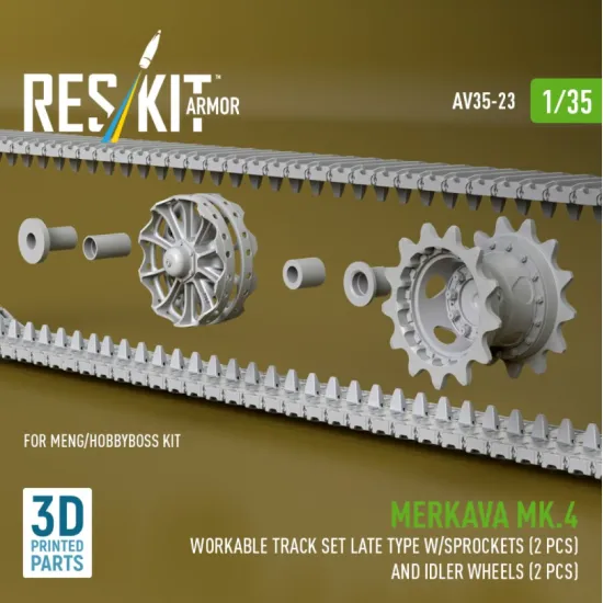Reskit Rs-av35-0023 1/35 Merkava Mk4 Workable Track Set Late Type W/Sprockets 2 Pcs And Idler Wheels 2 Pcs For Meng/Hobbyboss Kit 3d Printed