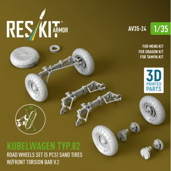 Reskit Rs-av35-0024 1/35 Kubelwagen Typ82 Road Wheels Set 5 Pcs Sand Tires W/Front Torsion Bar V2 For Meng/Dragon/Tamiya Kit 3d Printed