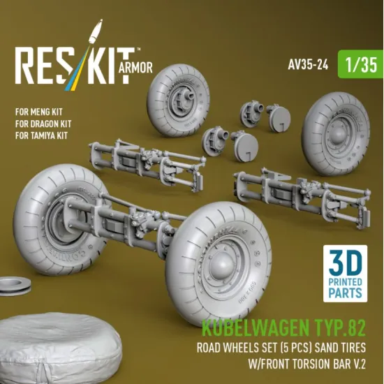 Reskit Rs-av35-0024 1/35 Kubelwagen Typ82 Road Wheels Set 5 Pcs Sand Tires W/Front Torsion Bar V2 For Meng/Dragon/Tamiya Kit 3d Printed