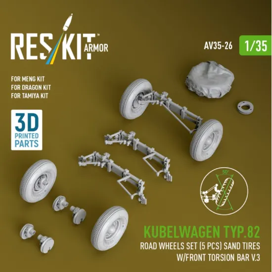 Reskit Rs-av35-0026 1/35 Kubelwagen Typ82 Road Wheels Set 5 Pcs Sand Tires W/Front Torsion Bar V3 For Meng/Dragon/Tamiya Kit 3d Printed