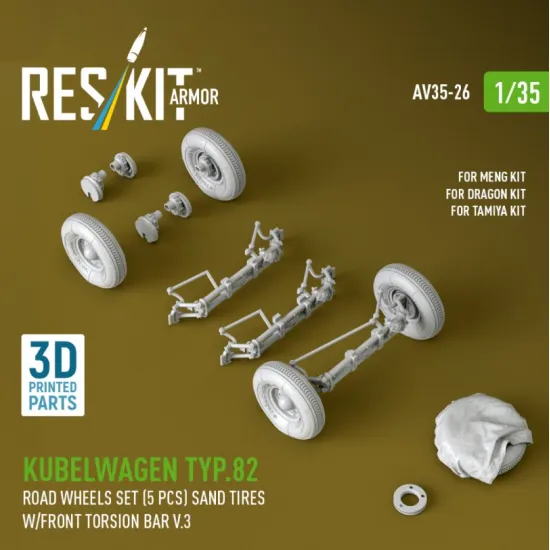 Reskit Rs-av35-0026 1/35 Kubelwagen Typ82 Road Wheels Set 5 Pcs Sand Tires W/Front Torsion Bar V3 For Meng/Dragon/Tamiya Kit 3d Printed