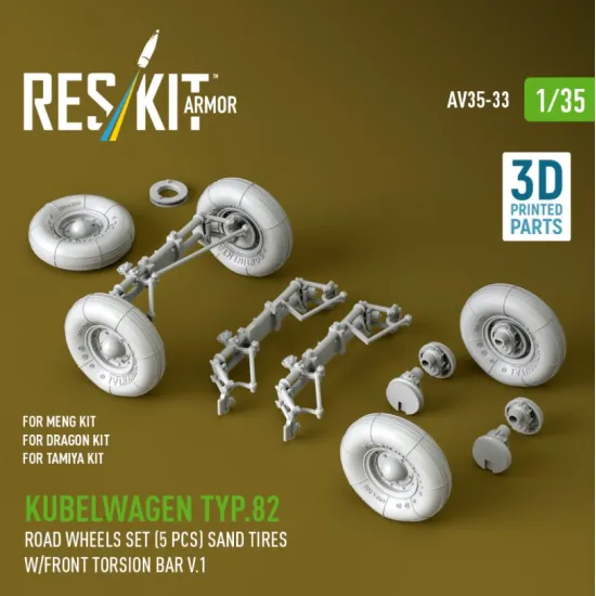 Reskit Rs-av35-0033 1/35 Kubelwagen Typ82 Road Wheels Set 5 Pcs Sand Tires W/Front Torsion Bar V1 For Meng/Dragon/Tamiya Kit 3d Printed