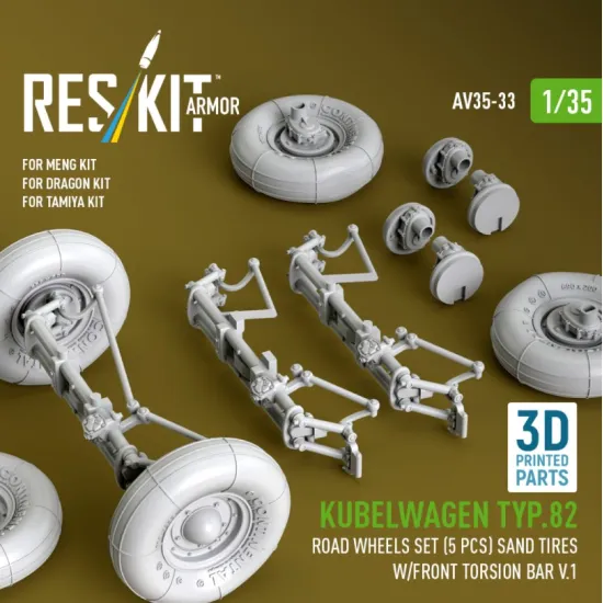 Reskit Rs-av35-0033 1/35 Kubelwagen Typ82 Road Wheels Set 5 Pcs Sand Tires W/Front Torsion Bar V1 For Meng/Dragon/Tamiya Kit 3d Printed