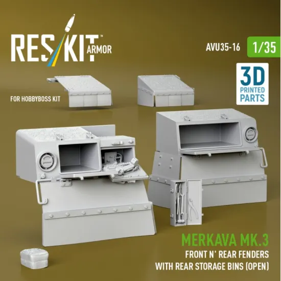 Reskit Avu35-0016 1/35 Merkava Mk3 Front Nrear Fenders With Rear Stowage Bins Open For Hobbyboss Kit 3d Printed