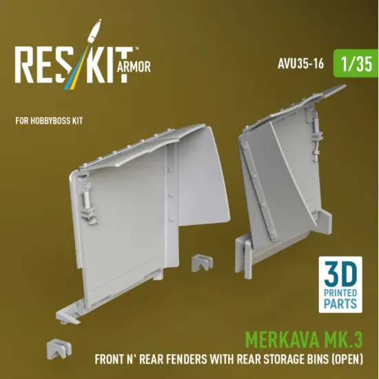 Reskit Avu35-0016 1/35 Merkava Mk3 Front Nrear Fenders With Rear Stowage Bins Open For Hobbyboss Kit 3d Printed