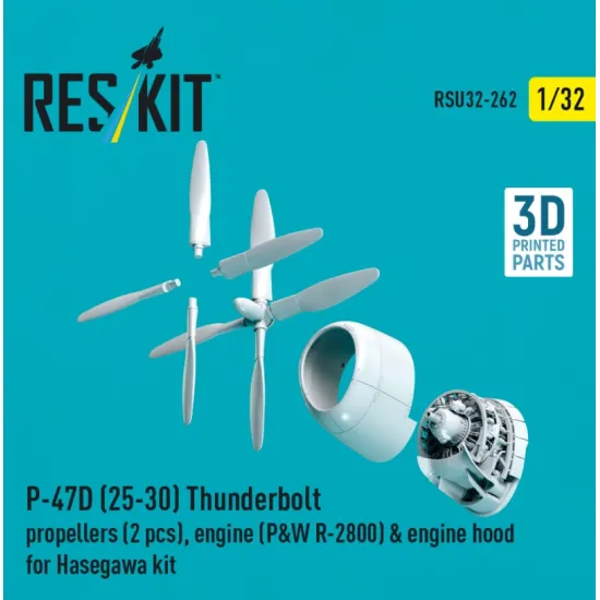 Reskit Rsu32-0262 1/32 P-47d 25-30 Thunderbolt Propellers 2 Pcs Engine Pw R-2800 Engine Hood For Hasegawa Kit 3d Printed