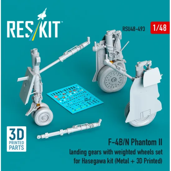 Reskit RSU48-0493 1/48 ​​F-4B/N Phantom II landing gear with weighted wheels set for Hasegawa kit Metal 3D Printed