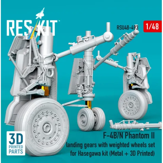 Reskit RSU48-0493 1/48 ​​F-4B/N Phantom II landing gear with weighted wheels set for Hasegawa kit Metal 3D Printed
