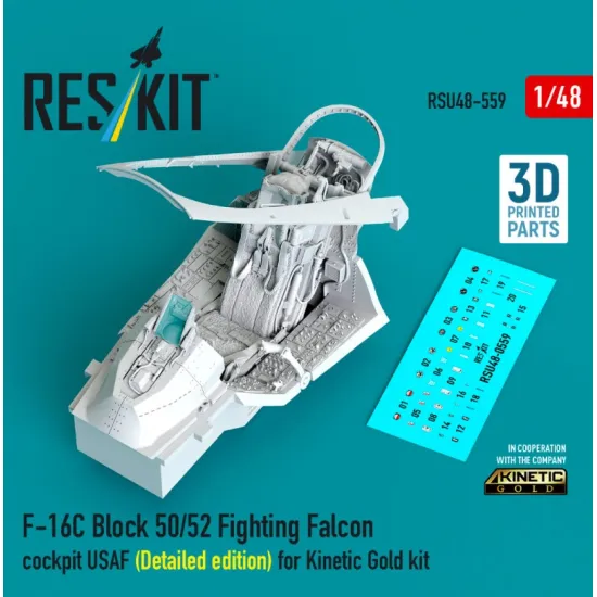 Reskit RSU48-0559 1/48 ​​F-16C Block 50/52 Fighting Falcon cockpit USAF Detailed edition for Kinetic Gold kit 3D Printed