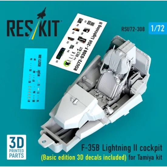 Reskit RSU72-0308 1/72 ​F-35B Lightning II cockpit Basic edition 3D decals included for Tamiya kit 3D Printed