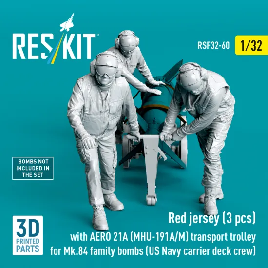 Reskit Rsf32-0060 1/32 Red Jerseys 3 Pcs With Aero 21a Mhu-191a/M Transport Trolley For Mk84 Family Bombs Us Navy Carrier Deck Crew