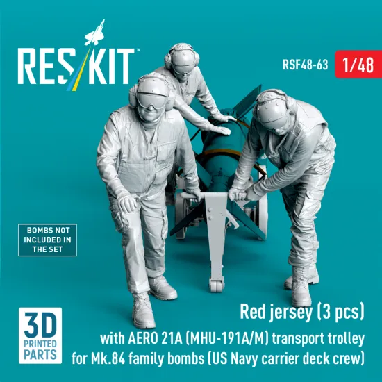 Reskit Rsf48-0063 1/48 Us Navy Red Jerseys With Aero 21a Mhu-191a/M Transport Trolley For Mk.84 Family Bombs