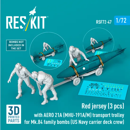 Reskit Rsf72-0047 1/72 Us Navy Red Jerseys With Aero 21a Mhu-191a/M Transport Trolley For Mk.84 Family Bombs