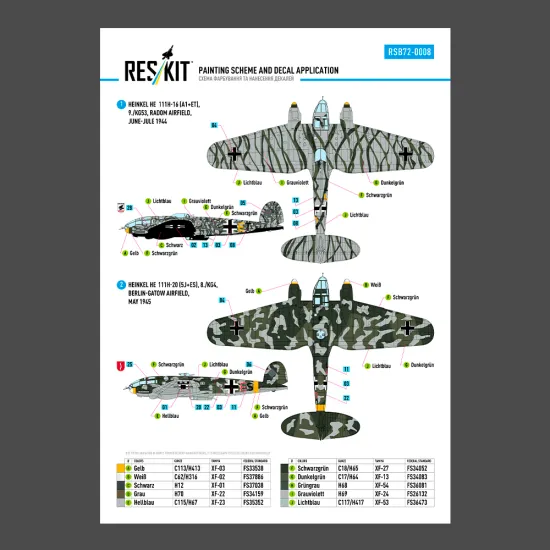 Reskit Rsb72-0008 1/72 Decal For Heinkel He 111 H-16 H-20 H-22 Late Series