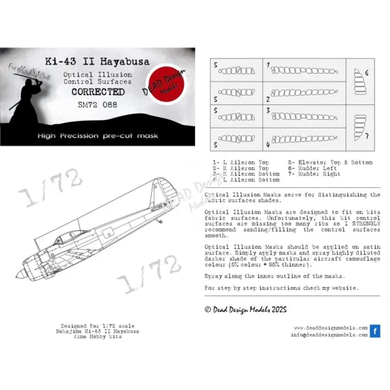Dead Design Sm72088 1/72 Set Of Spray Mask Ki-43 Ii Hayabusa Control Surfaces Arma Hobby