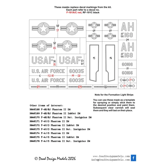 Dead Design Nm48382 1/48 Painting Mask R/F-101a/C Nat Insignias For Voodoo Kitty Hawk