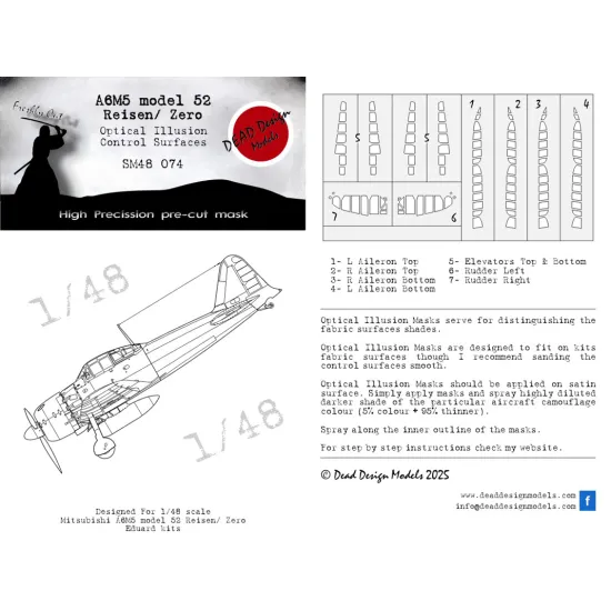 Dead Design Sm48074 1/48 Set Of Spray Mask A6m5 Model 52 Control Surfaces For Eduard